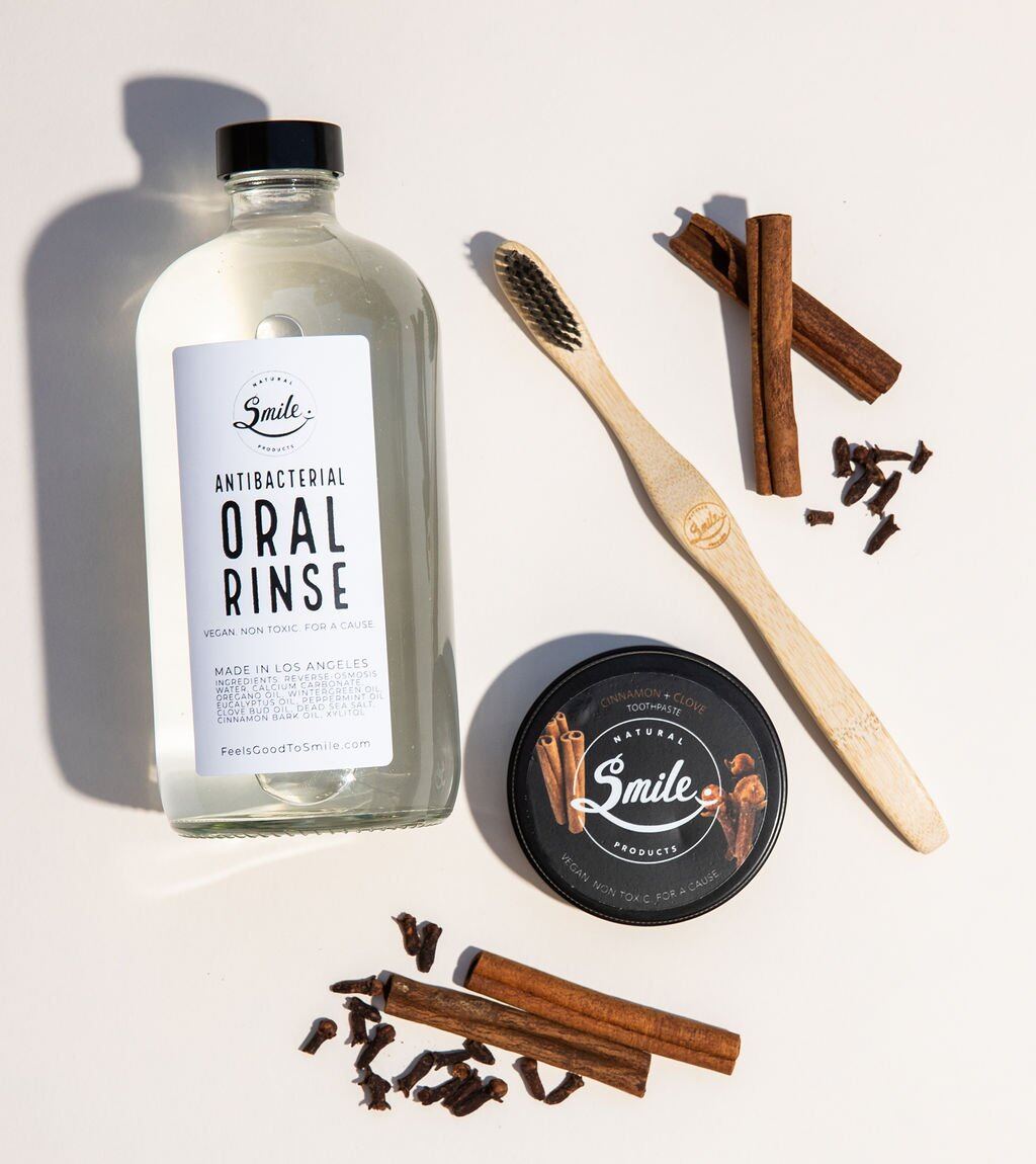 Smile Natural Products antibacterial oral rinse, charcoal toothpaste and bamboo toothbrush